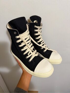 Rick Owens Black High-Top Sneakers with Cream Accents